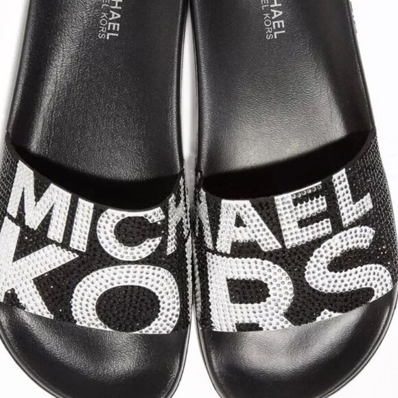 Michael Kors Gilmore Slide Sandals Black & White Crystals Womens NEW NO BOX - Picture 2 of 11